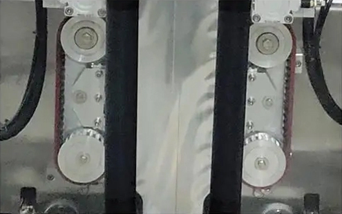 Detalle da máquina de envasado de bolsas de refuerzo - Roda sincronizada para tirar de bolsas
